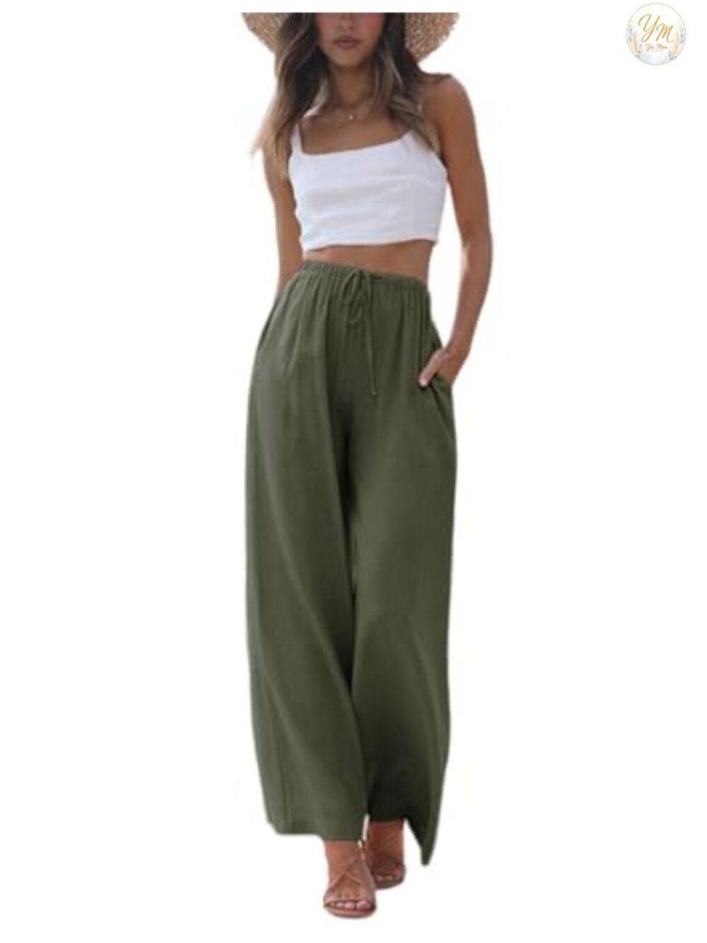 Cotton Linen Flow Wide Leg Palazzo Pants with Pockets Summer
